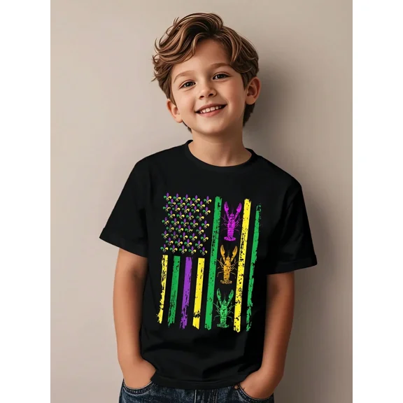 children’s wear Retro Mardi Gras Crawfish Fleur De Lis American Flag T-Shirt for Kids Boys Girls Toddler Funny Louisiana Festival Graphic Tee