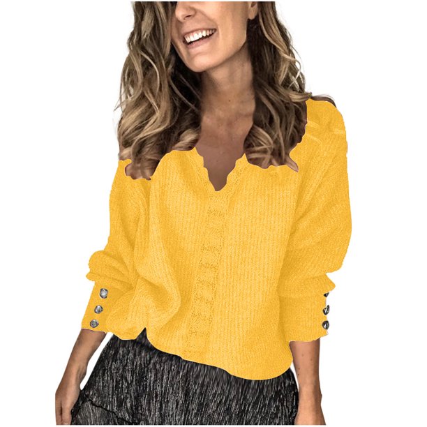 Suéter de cuello en V para mujer, blusa informal de manga larga con botones sólidos, blusa de poliéster para mujer