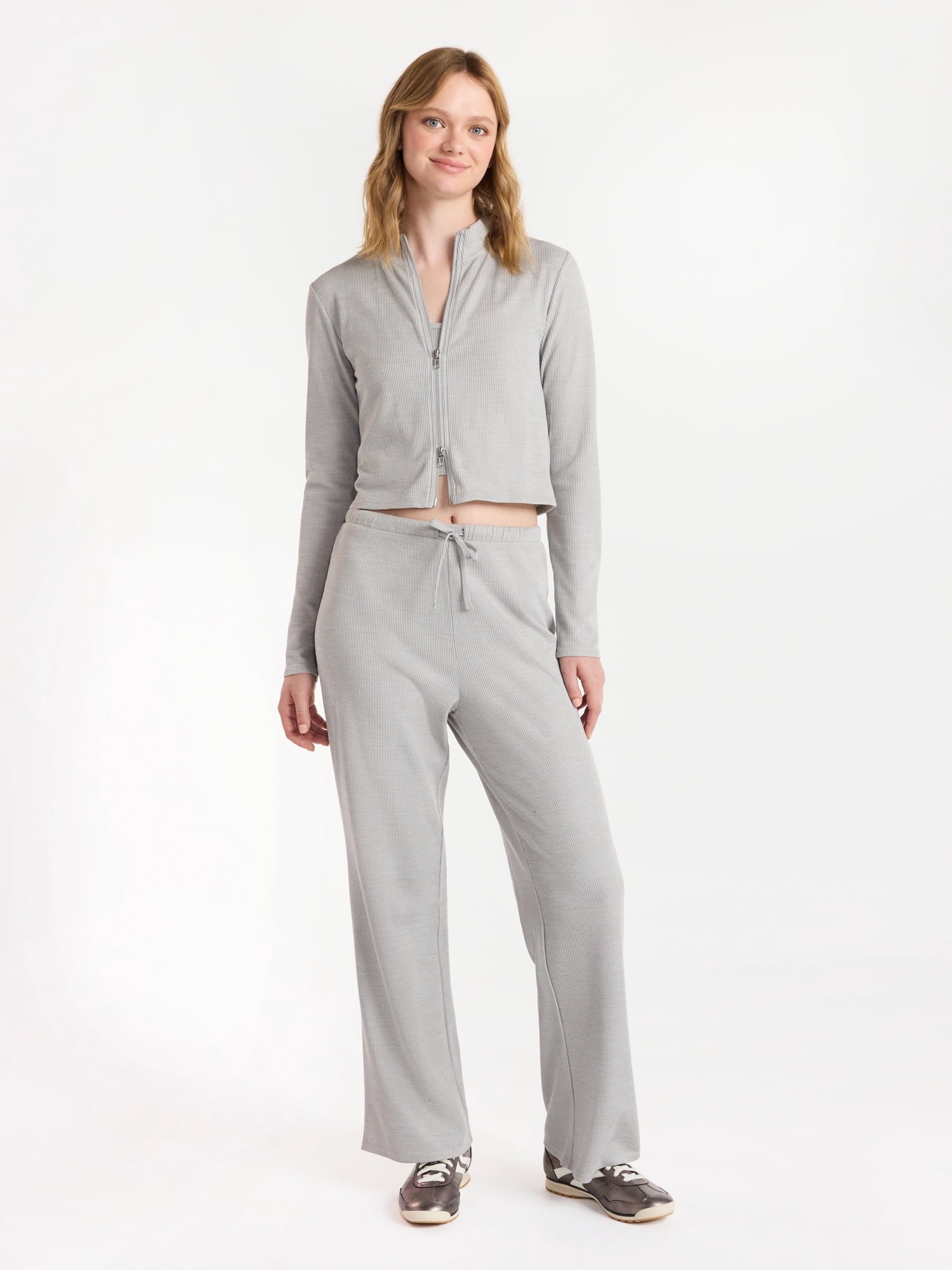 No Boundaries Waffle Knit Tank Top, Jacket, and Pants Set, 3-Piece, Women's