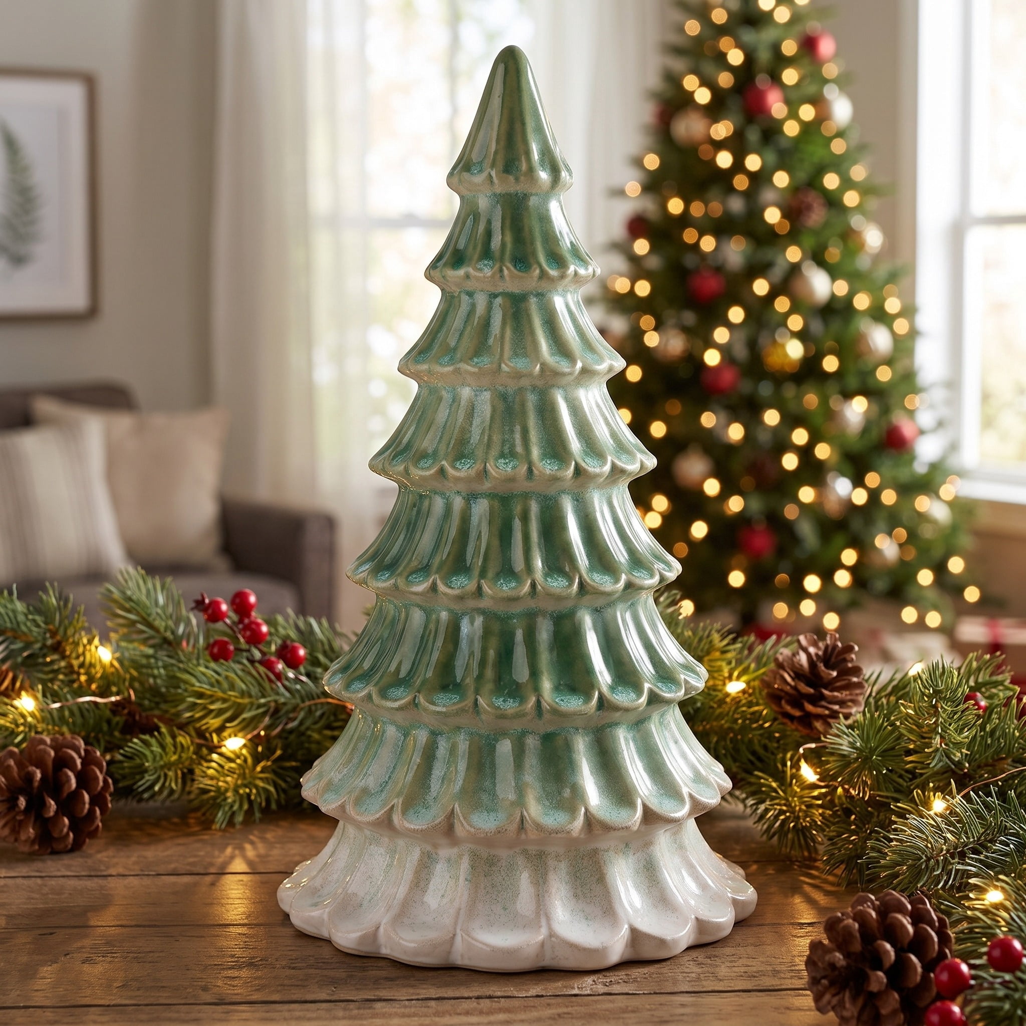 Ceramic Tree Christmas Decoration, Green and White, 10.5", by Holiday Time