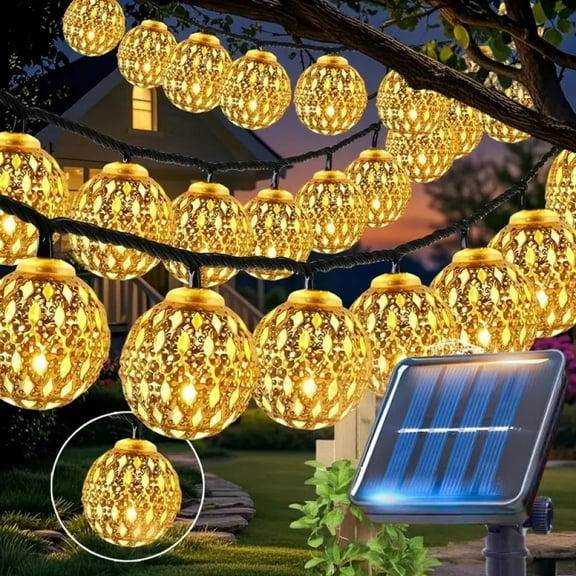 Outdoor Solar Moroccan Ball String Light-50/30/20 LED Fairy Light, 8 Modes, for Garden Fence Christmas Party Holiday Lighting