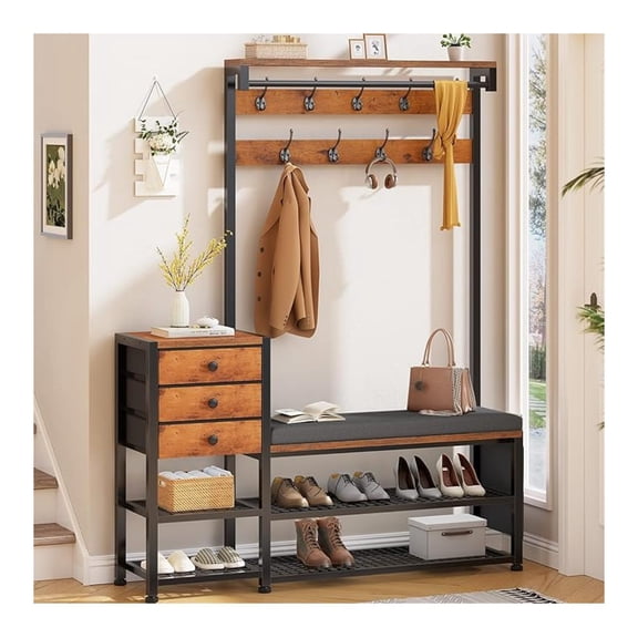 BNHHYYNB Coat Rack Hall Tree with Shoe Storage - 7-in-1 Entryway Organizer with Cushion, Drawers (Rustic Brown)