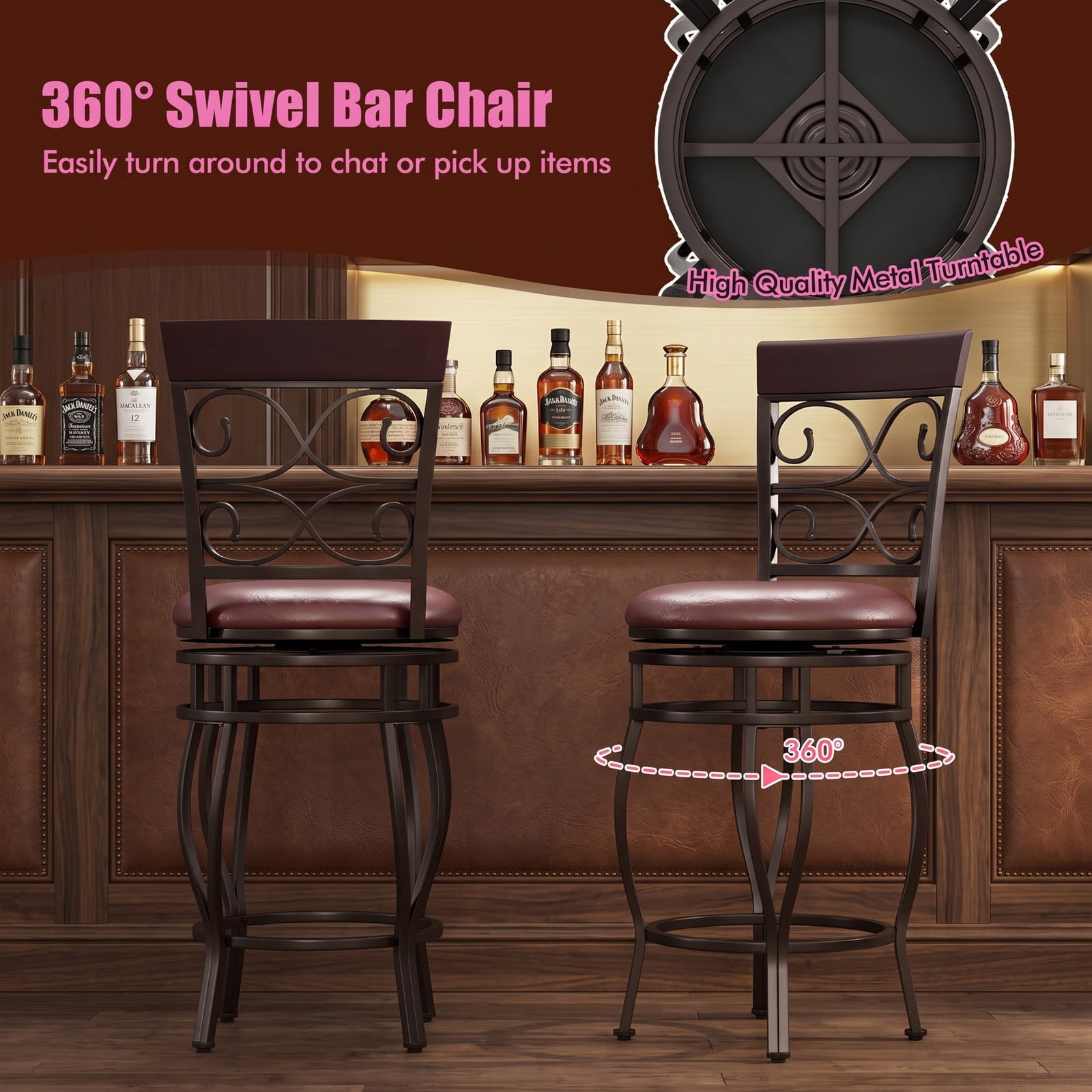 Furnibear Set of 2 26 Inch Swivel Bar Stools with Backrest and Footrest, Vintage Counter Height Metal Barstools with PU Leather Cushioned Seat for Kitchen, Brown