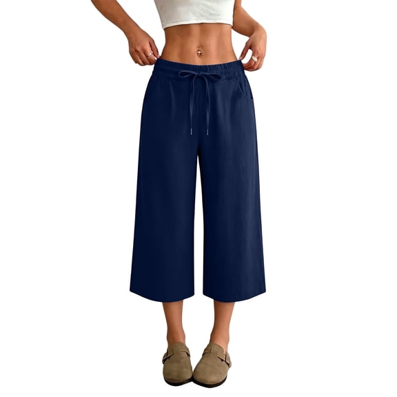 Petite Capris Pants for Women Cotton Linen Casual Summer Straight Wide Leg Loose Pull on Below Knee Drawstring Elastic Waist Cropped Trouser Navy M
