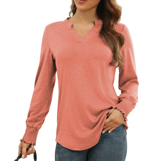 Camisa fruncida de manga larga, blusa con cuello en V y cuello en V para mujer, artesanía excepcional