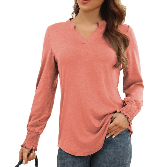 Camisa fruncida de manga larga, blusa con cuello en V y cuello en V para mujer, artesanía excepcional