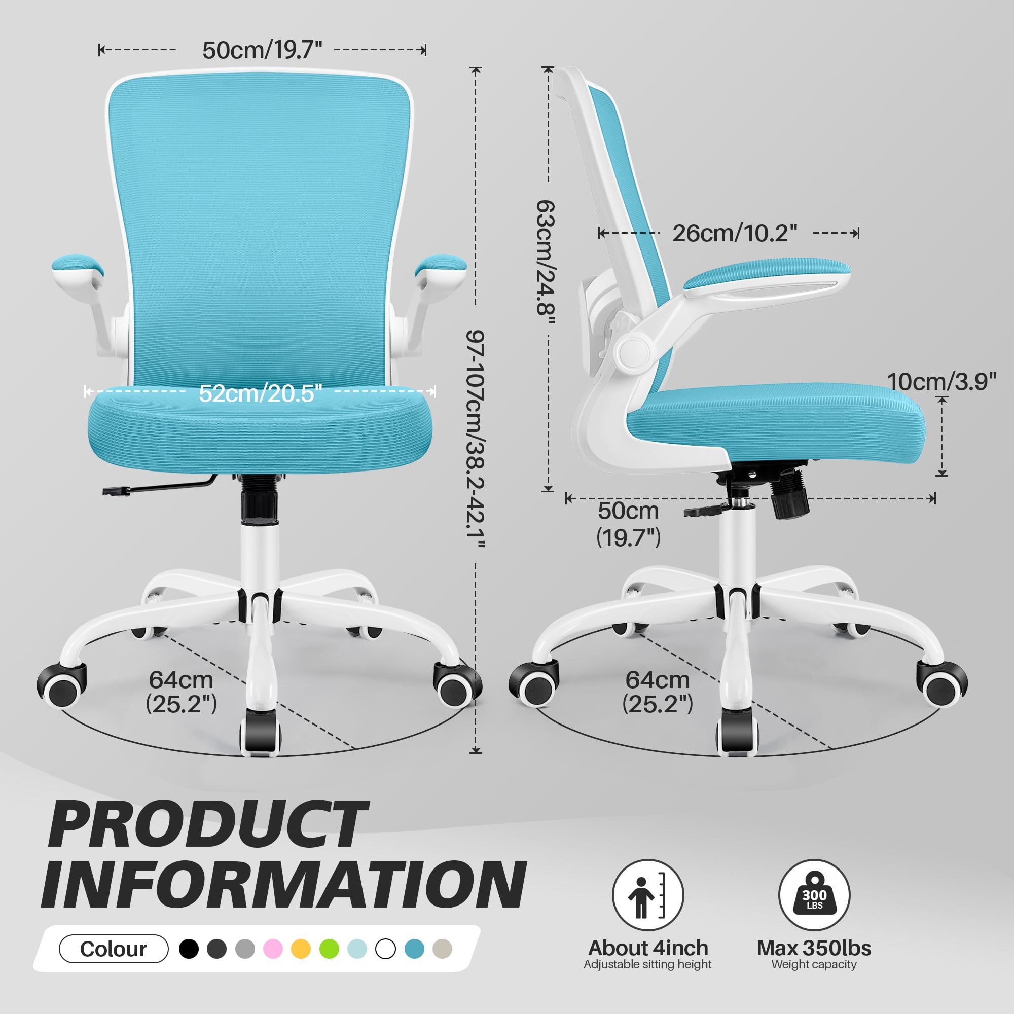 COOLHUT Ergonomic Office Chair, Home Office Desk Chair, Comfort Mesh Task Chair with Adjustable Lumbar Support and Flip up Arms, Blue