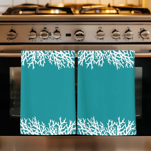 Aqua Coastal Coral Kitchen Towels Set of 3, White Ocean Marine Sea Nautical Beach Absorbent Dish Towels for Kitchen, Microfiber Hand Towel, Quick Drying Tea Towel for Cleaning Decorative Dishcloths