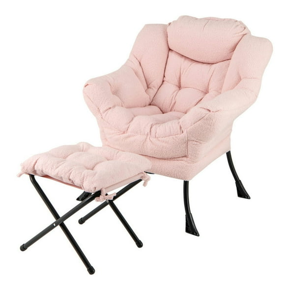 Canddidliike Modern Accent Chair, Chair with Folding Footrest and Head Pillow, Pink