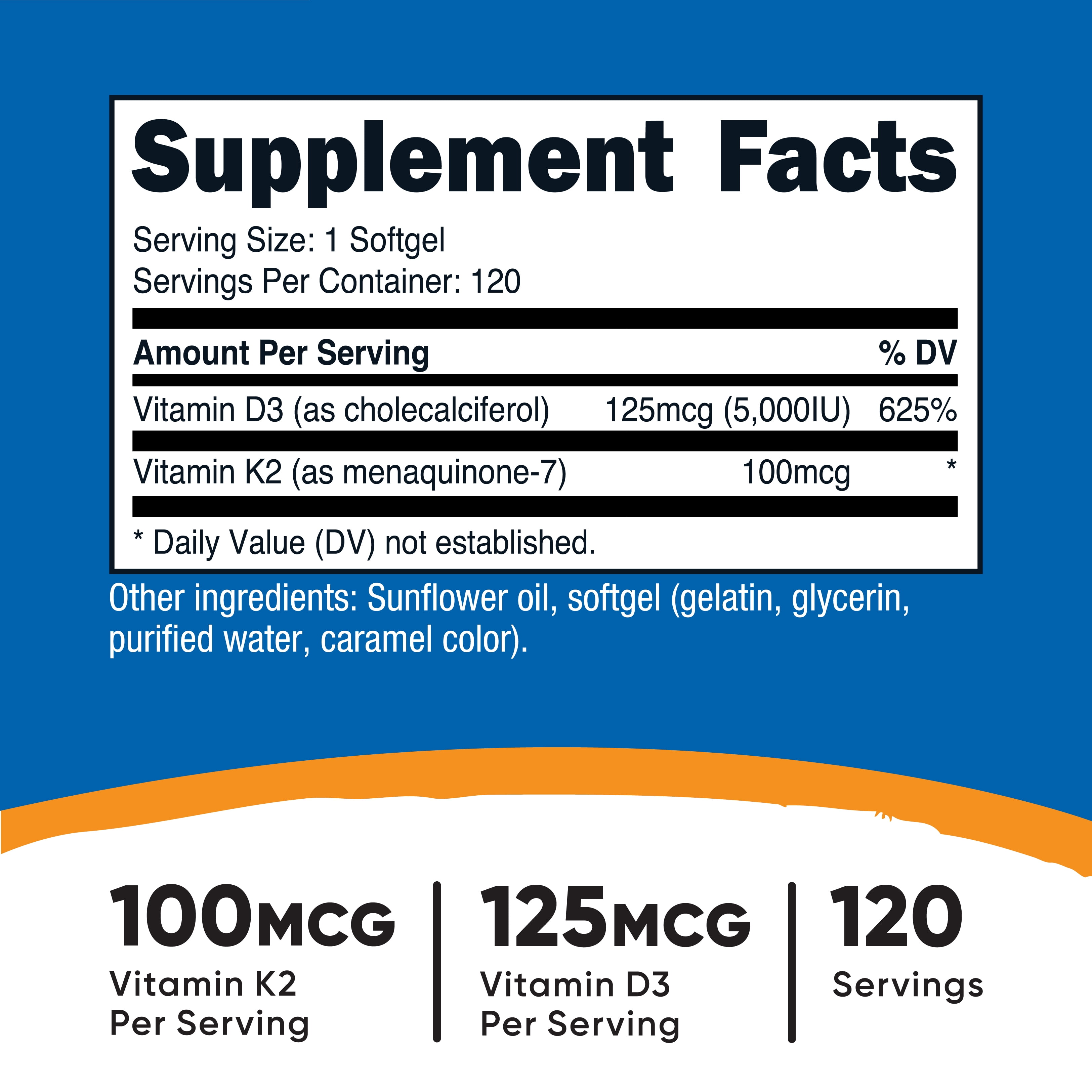 Nutricost Vitamin K2 (100mcg) + Vitamin D3 (5000 IU) 120 Softgels, Supplement