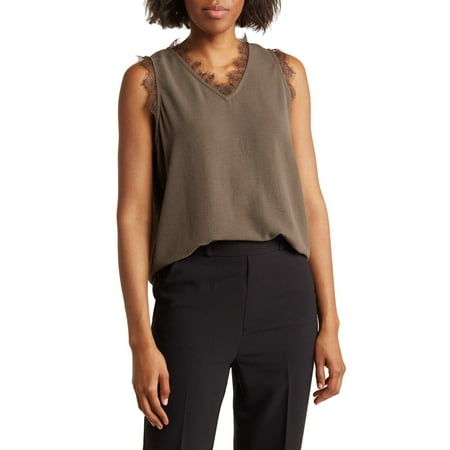 Adrianna Papell FATIGUE Women's V-Neck Lace Trim Satin Tank Top, XS