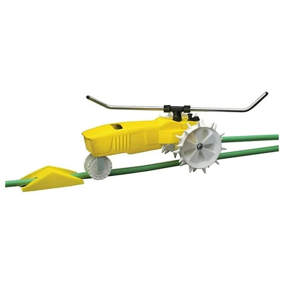 Rain Train 13,500 Square Feet Cast Iron Outdoor Lawn Traveling Water Sprinkler for Yard, and Garden, with Auto Shut Off, Yellow