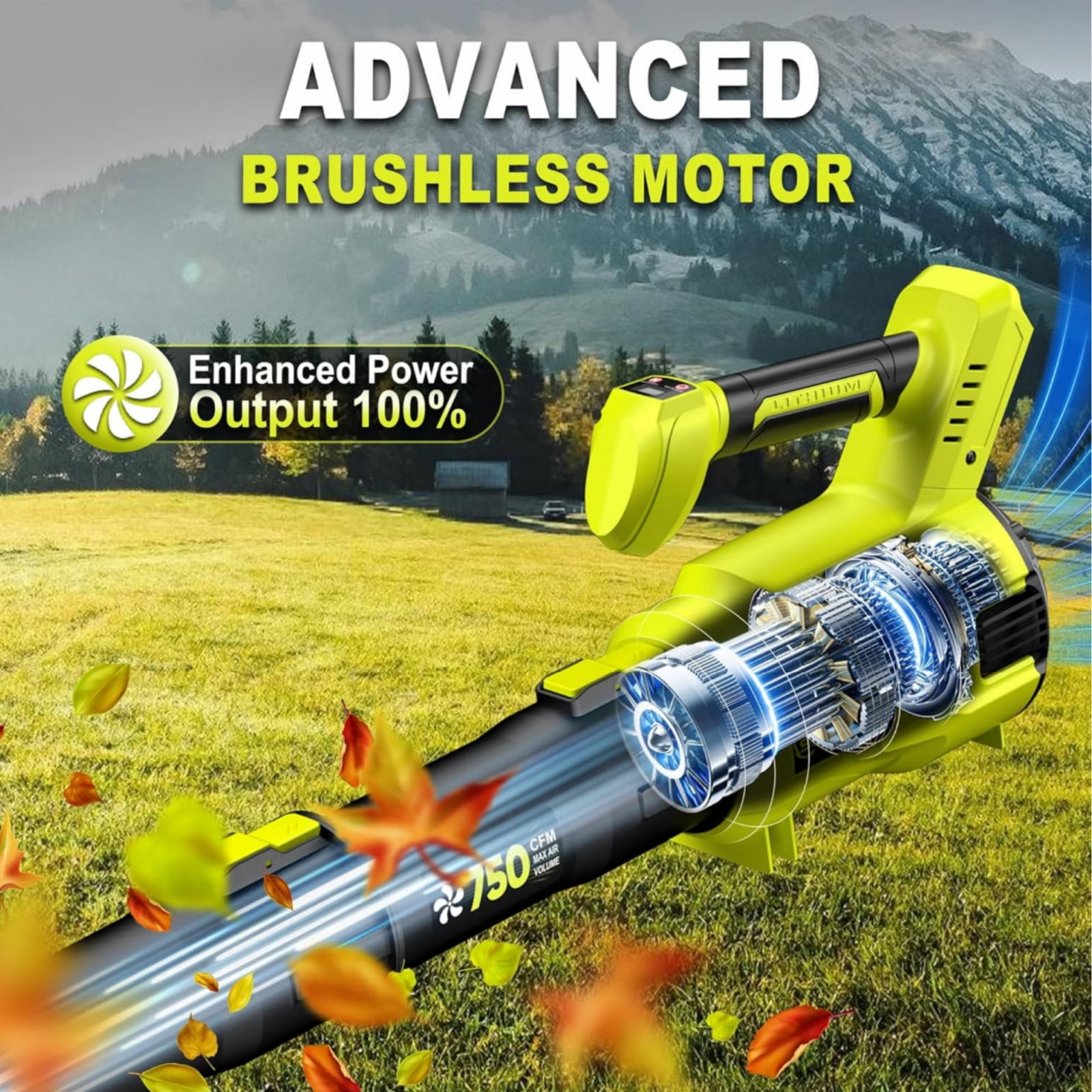 Rvchic 24V Cordless Turbo Leaf Blower with LCD Screen,Variable Speeds Leaf Blower with 2x6.0Ah Battery and Quick Charger,for Yard,Lawn,Garage & Garden,750CFM
