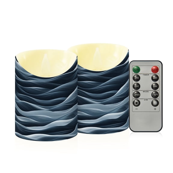 2 PCS Tilted Flameless Candles Flickering LED Lights Battery Operated Candles with Remote Timers for Holiday Decor Navy Blue Waves