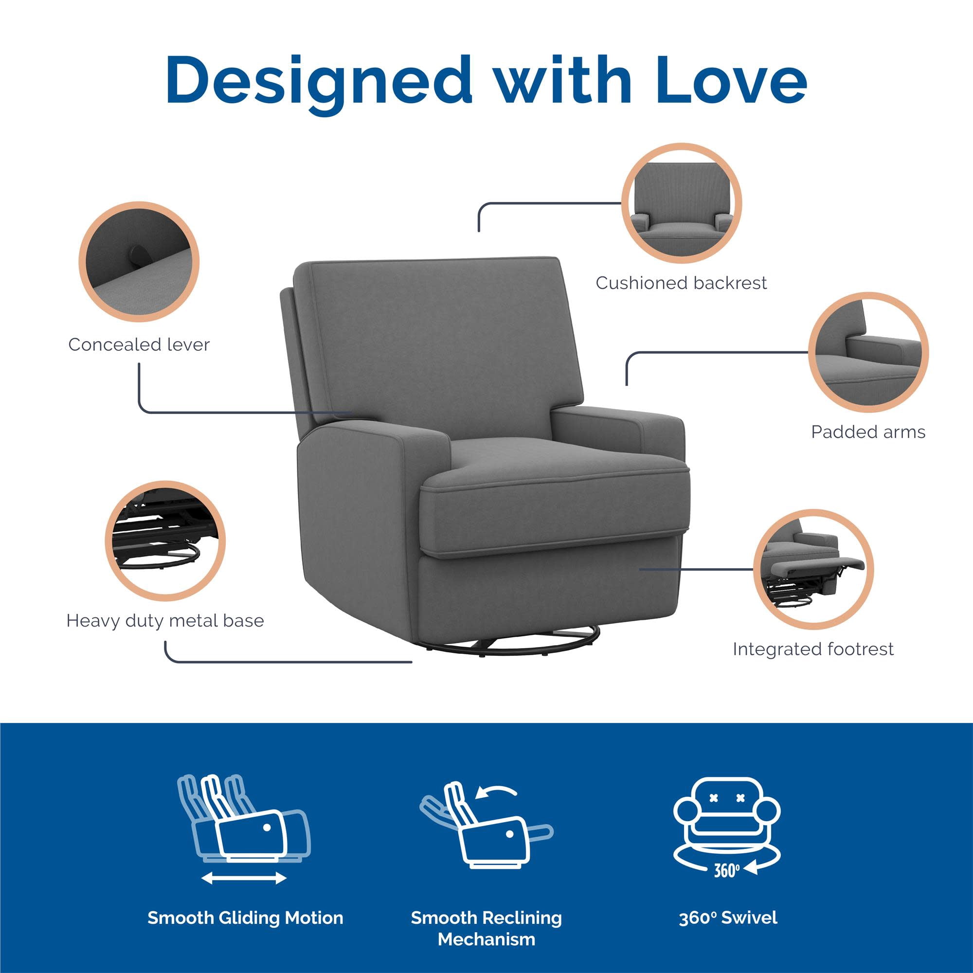 Baby Relax Rylan 4-in-1 Swivel Glider Rocker Recliner Chair, Gray