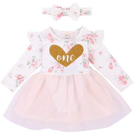 

Viworld Infant Baby Girl One-Piece Dress Kids Floral Heart One Long Sleeve Tutu Ruffled Dress with Bowknot Headband Outfits (White 6-13M)