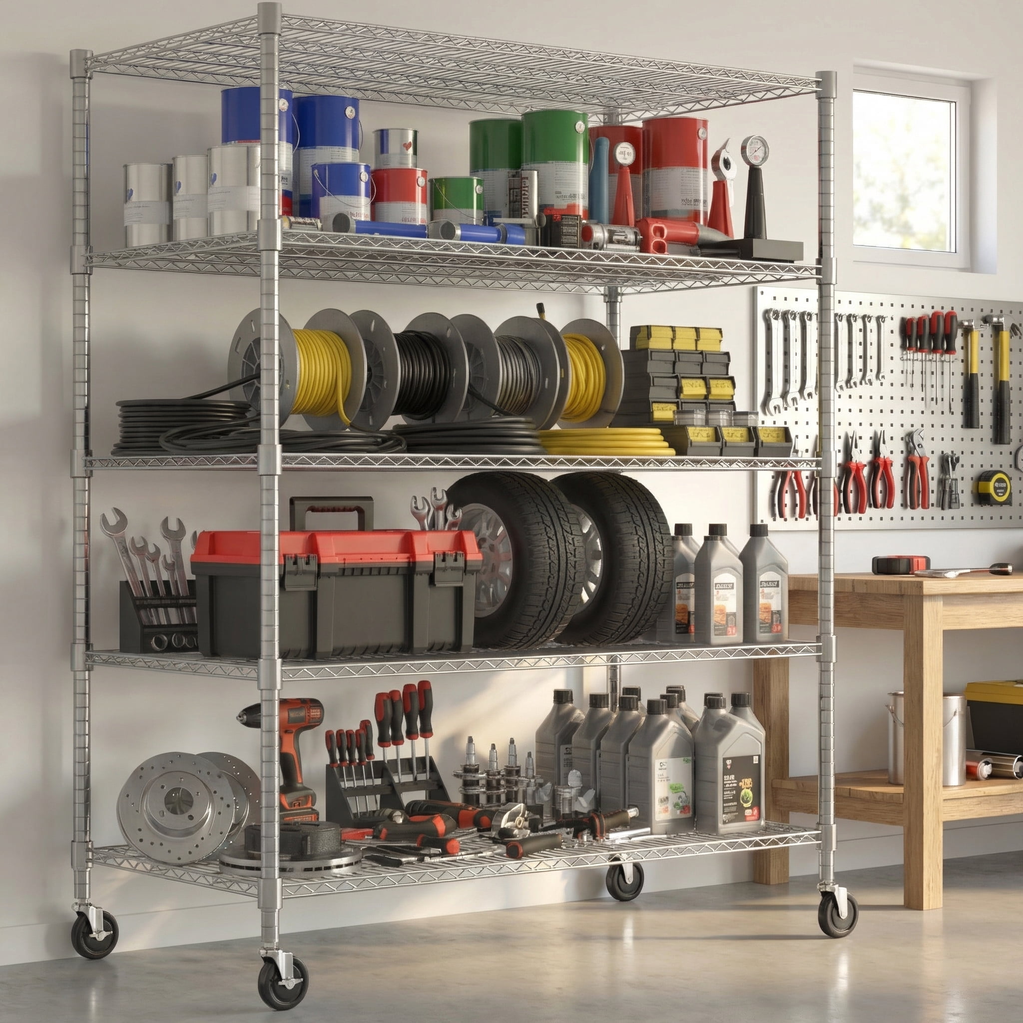 Legooin 24x48x82 inch Heavy Duty Storage Shelf on Wheels Adjustable Metal Shelving Unit Organizer Rack for Residential and Industrial Use, Silver
