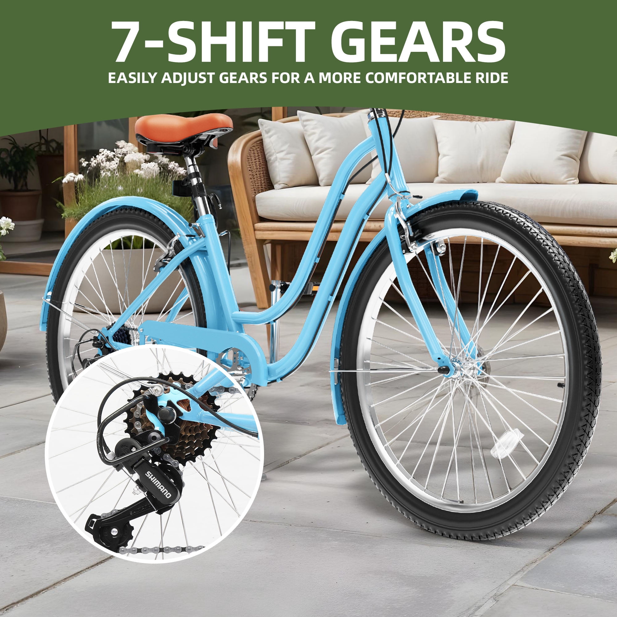 Uforic 26 Inch Beach Cruiser Bike, 7-Speed, Step-Through Bicycle for Men & Women, Steel Frame, Light Blue