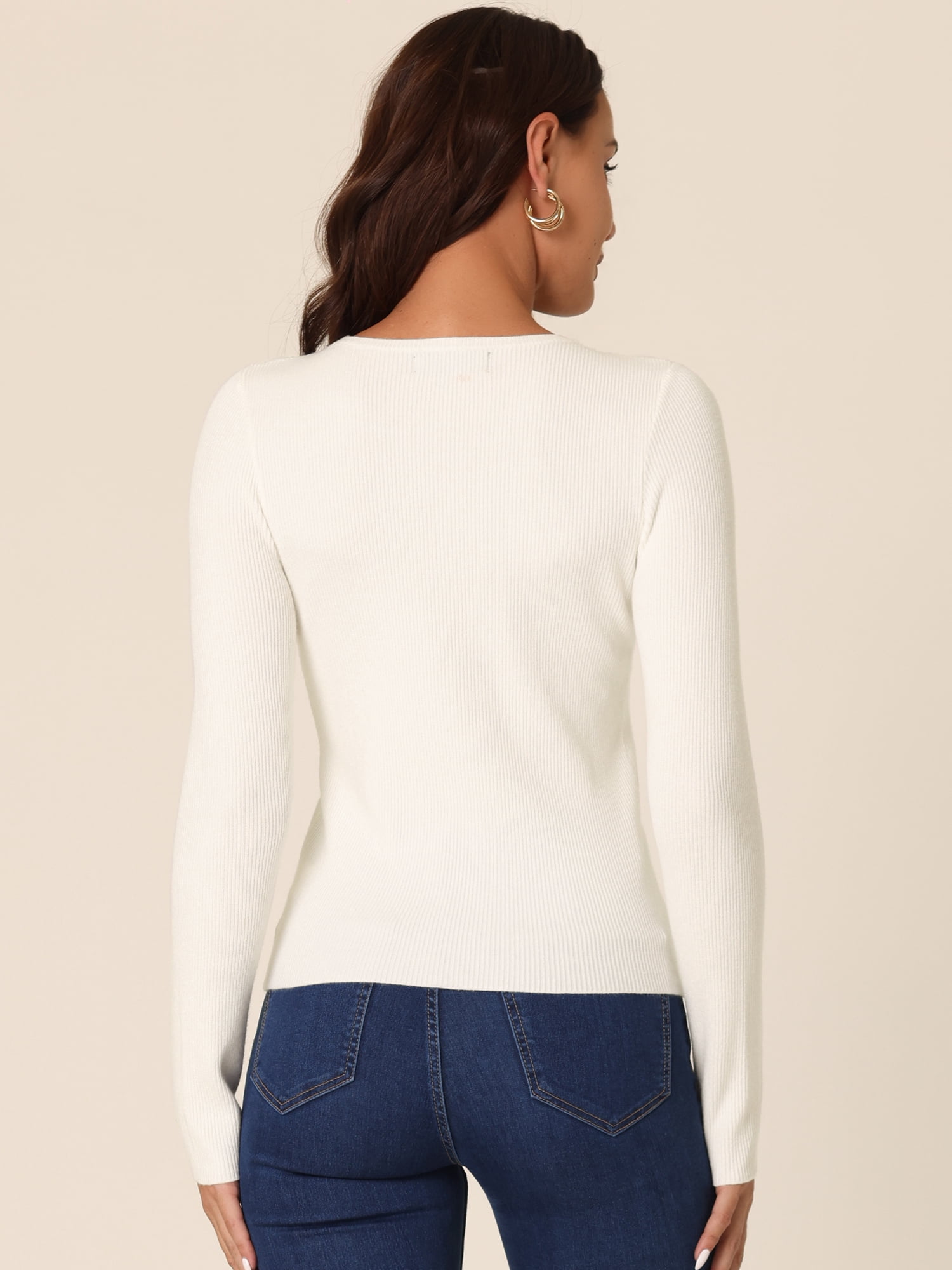 Unique Bargains Women's Long Sleeve Ribbed Knitted Tops Casual Cut Out Pullover Sweater M White