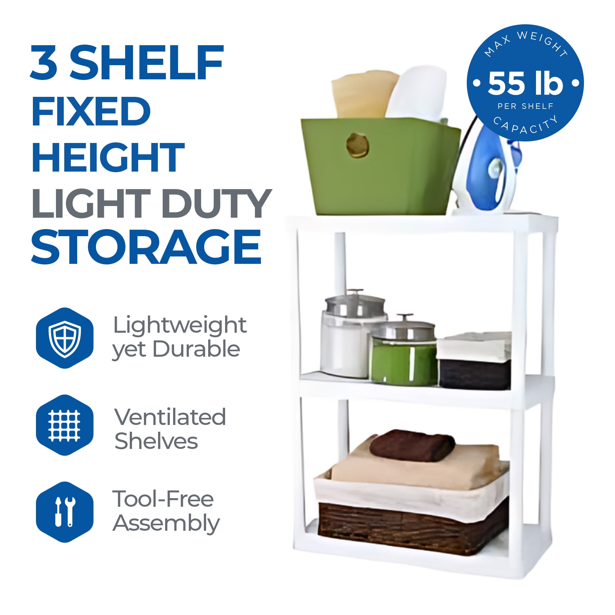 Gracious Living Solid 3-Shelf Storage, Fixed-Height Light-Duty Shelving, White