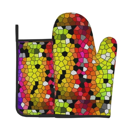

Junzan Colorful Tie Dye Stained Glass 1 Pattern Oven Mitts and Pot Holders 2 pcs Set Potholders BBQ Gloves Long Kitchen Oven Glove for Cooking Baking Grilling (2-Piece Set 11 Inch)