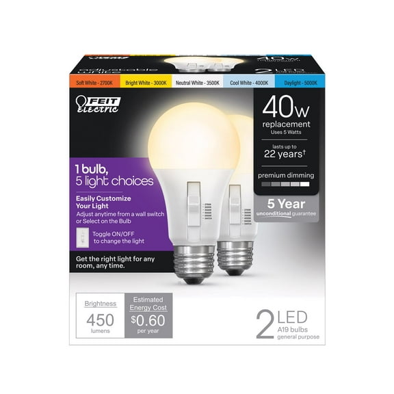 Feit A19 E26 (Medium) LED Bulb Color Changing 40 Watt Equivalence 2 pk