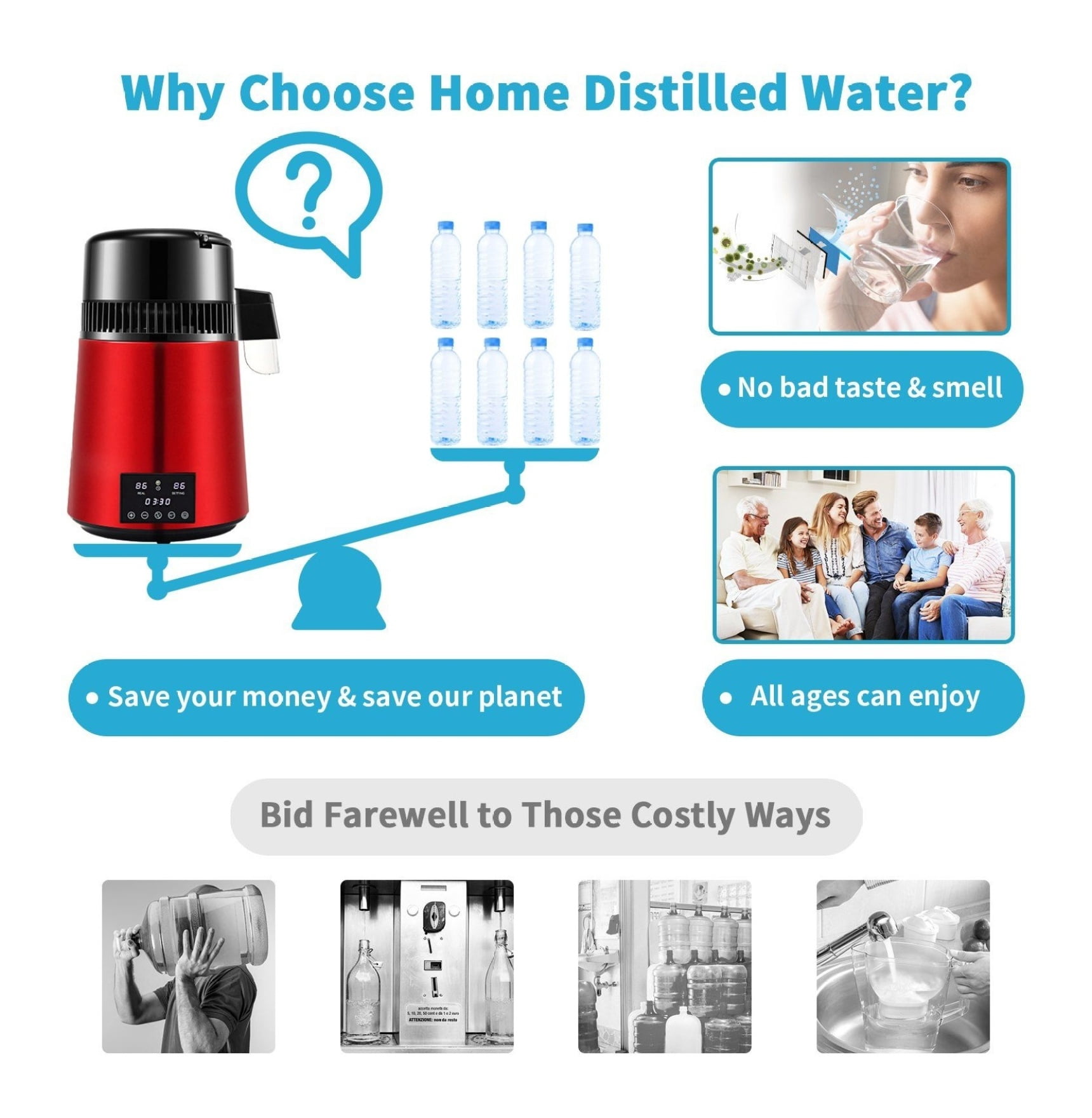 1.1Gal Water Distiller, 750W Distilled Water Maker, 1L/H, Timing & Temp Control, 304 Stainless Steel, Glass Carafe, Cleaning Powder & Carbon Filters