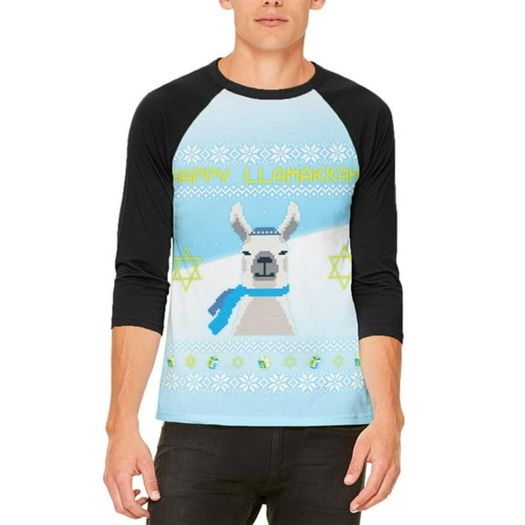 Ugly Christmas Sweater Llama Llamakkah Hanukkah Mens Raglan T Shirt White-Black SM