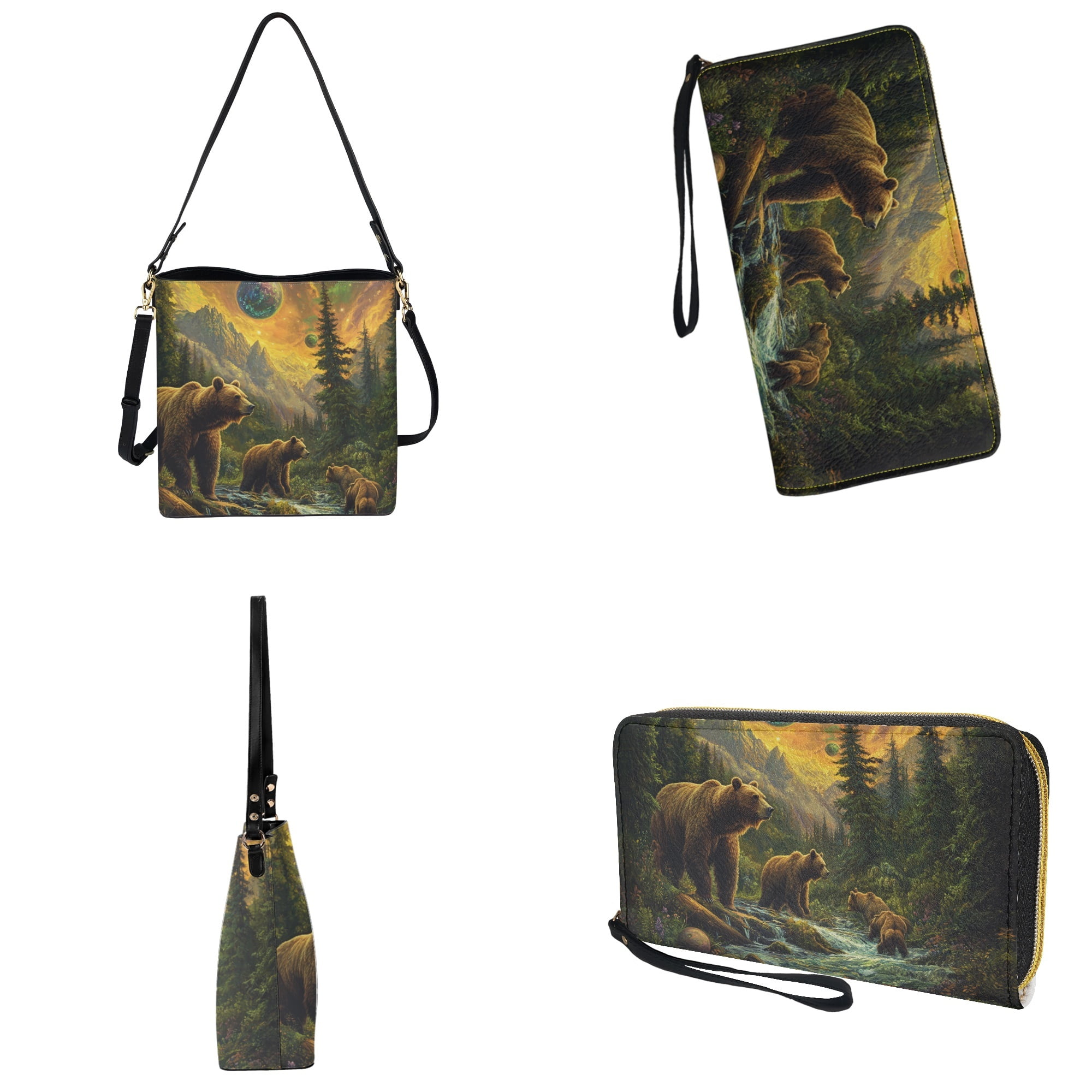 ZUXONGSY Bear Forest Planet Print Bucket Purse and Wallet Set for Women Trendy Leather Crossbody Handbag with Wrist Wallet Casual Shoulder Bag with Leather Wallet for Working