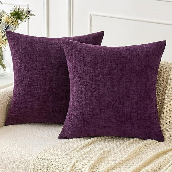 Pack of 2 Couch Throw Pillow Covers 18x18 Inch Soft Plum Purple Chenille Pillow Covers for Sofa Living Room Solid Dyed Pillow Cases