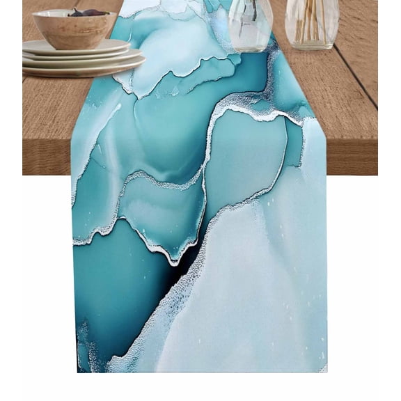 Ldtrchee Teal Marble Table Runner 48 Inches, Abstract Modern Ink Painting Bed Runner Dresser Scarves Tabletop for Indoor Outdoor Parties/Ceremony/Banquet, 13" x 48"