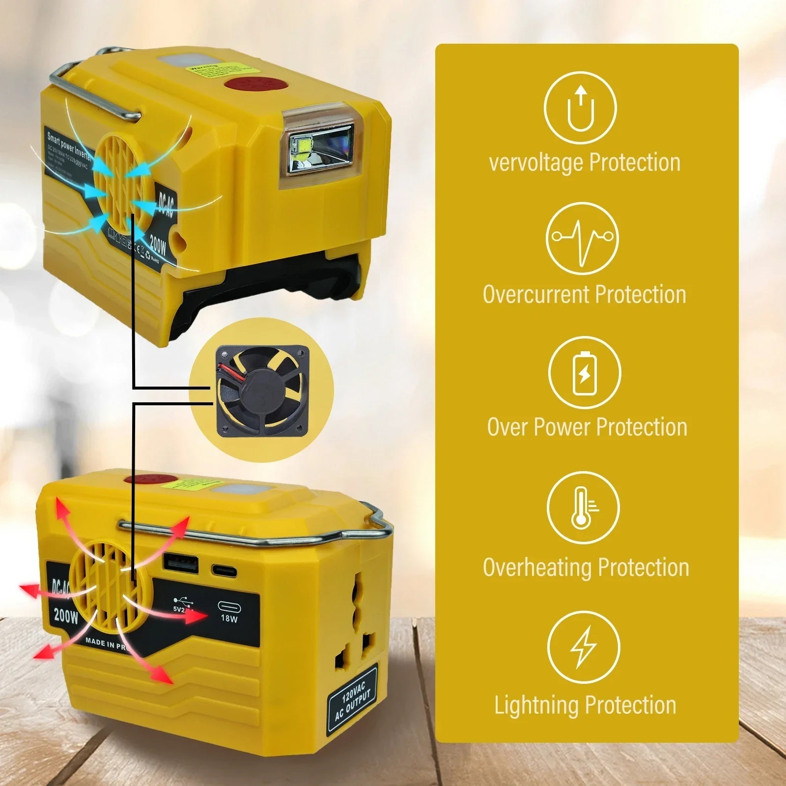 200W Portable Power Inverter Outdoor Mobile Lithium Battery Inverter with LED Light 18V 20V Li-ion Battery ,Easy to Use