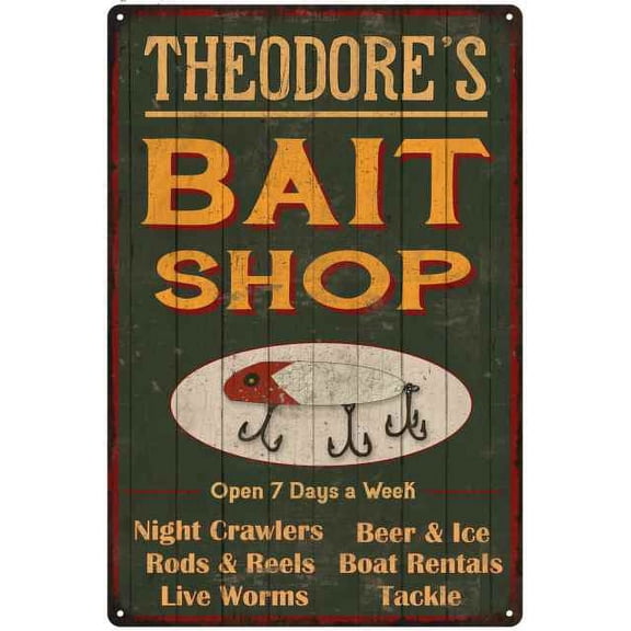 THEODORE'S Green Bait Shop Man Cave 8 x 12 High Gloss Metal 208120027151