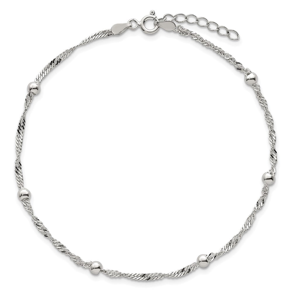 Sterling Silver Polished and Beaded 6-Station Fancy Link 9 inch with 1 inch Extension Anklet