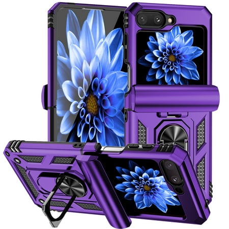 Galaxy Z Flip 5 Kickstand Armor Case with Slide Camera Lens Protection Cover Built-in 360° Rotate Ring Holder Stand Magnetic Military Shockproof Phone Cover Case for Samsung Galaxy Z Flip 5, Purple