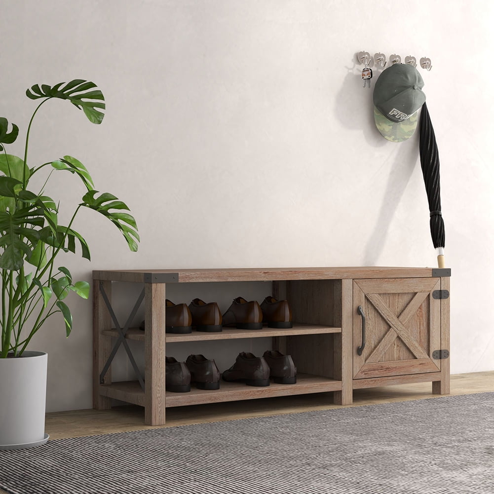 Kadyn Farmhouse Shoes Bench, Modern Entryway Storage Bench with Seat Cushion, 2 Tier Shoes Bench for Entryway, Light Brown Walnut Kadyn Farmhouse Shoes Bench, Modern Entryway Storage Bench with Seat Cushion, 2 Tier Shoes Bench for Entryway, Light Brown Walnut
