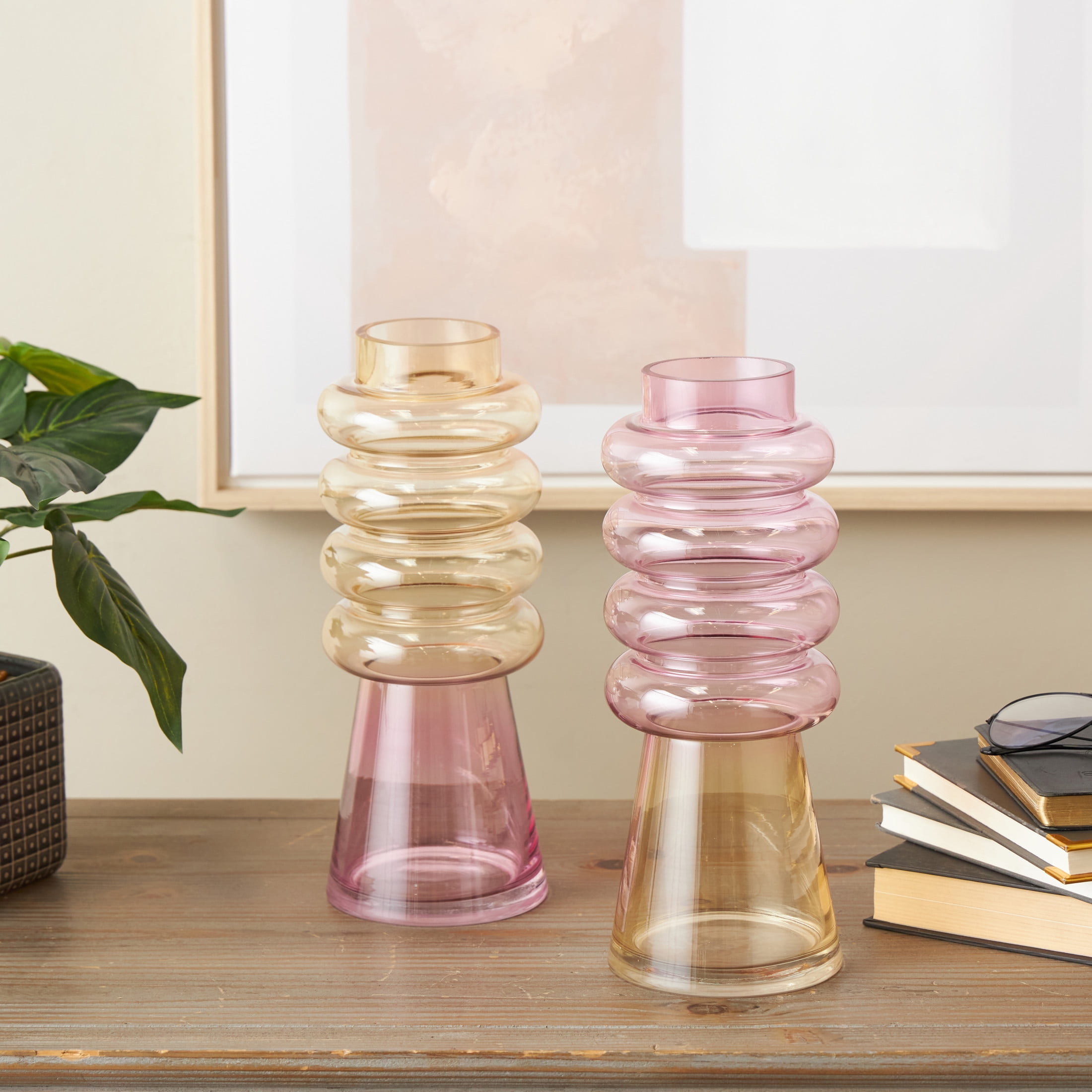 DecMode 5"W, 12"H Tinted Multi Colored Glass Vase with Color Blocks, Set of 2