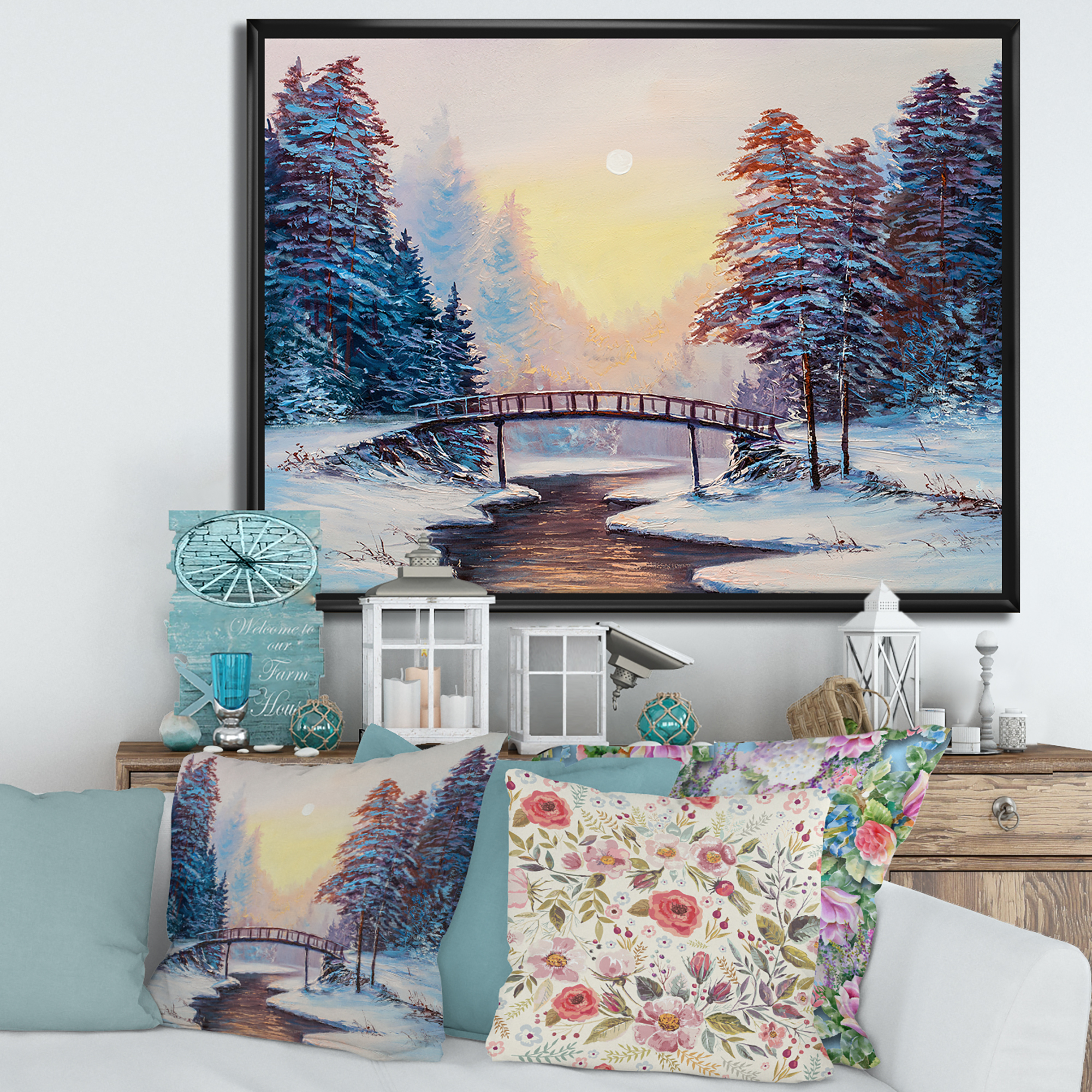 Designart 'Snow Covered Landscape and Little Bridge' Traditional Framed Canvas Wall Art Print