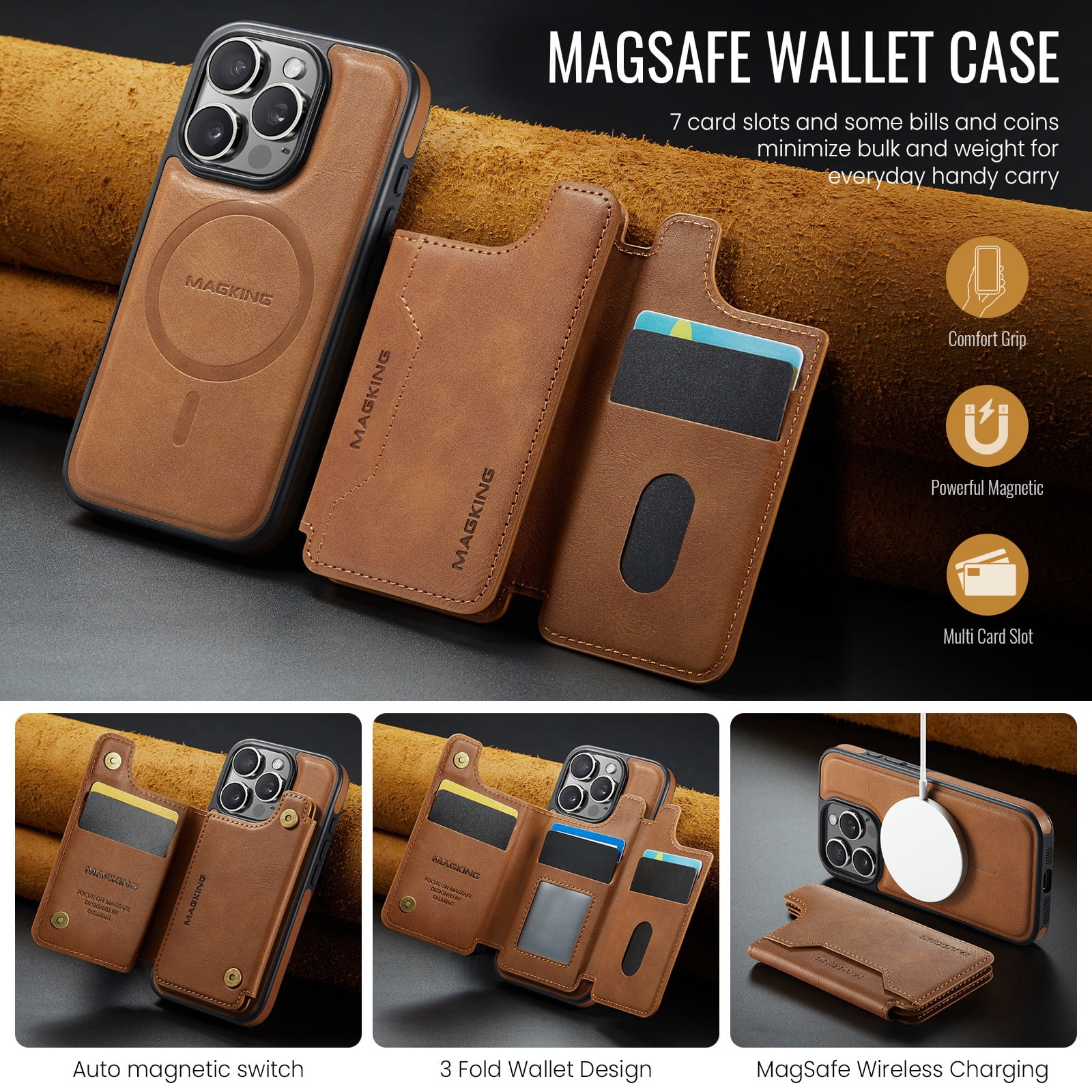 Designed for iPhone 16 Pro Max Wallet Phone Case,Magnetic Detachable Flip Card Holder,Back Flip Kickstand,Compatible with Mag-Safe,2-in-1 PU Leather Heavy Duty Shockproof Phone Case,Brown
