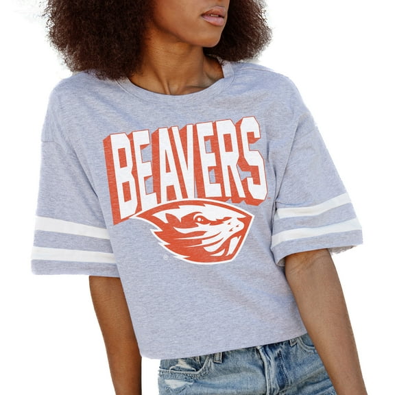Women's Gameday Couture Gray Oregon State Beavers No Shortcuts Drop Shoulder Sleeve Stripe Cropped T-Shirt