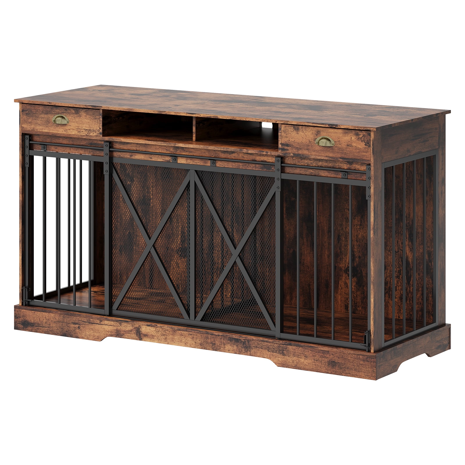 Roromall 63 in Large Double Dog Crate with Removable Divider, Heavy Duty Dog Kennel Furniture with 2 Drawers, Indoor Decorative Pet Cage TV Stand for 2 Pets