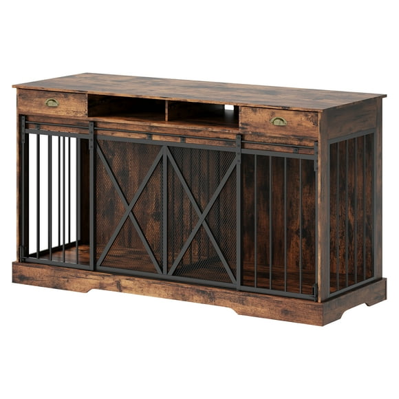 63 Inch Extra Large Double Dog Crate Furniture with Divider and 2 Drawers, Heavy Duty Decorative Pet Kennel TV Stand for 2 Pets, Indoor Wooden Cage Storage Cabinet, Brown
