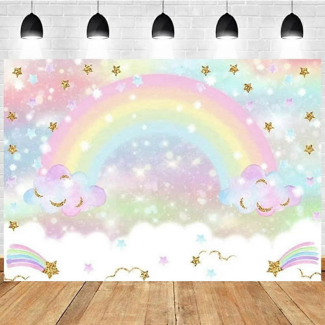Rainbow Backdrop Pastel Rainbow Birthday Cloud Glitter Stars for Kids' Party Decorations Cake Table Banner Rainbow Baby Shower Photography Background