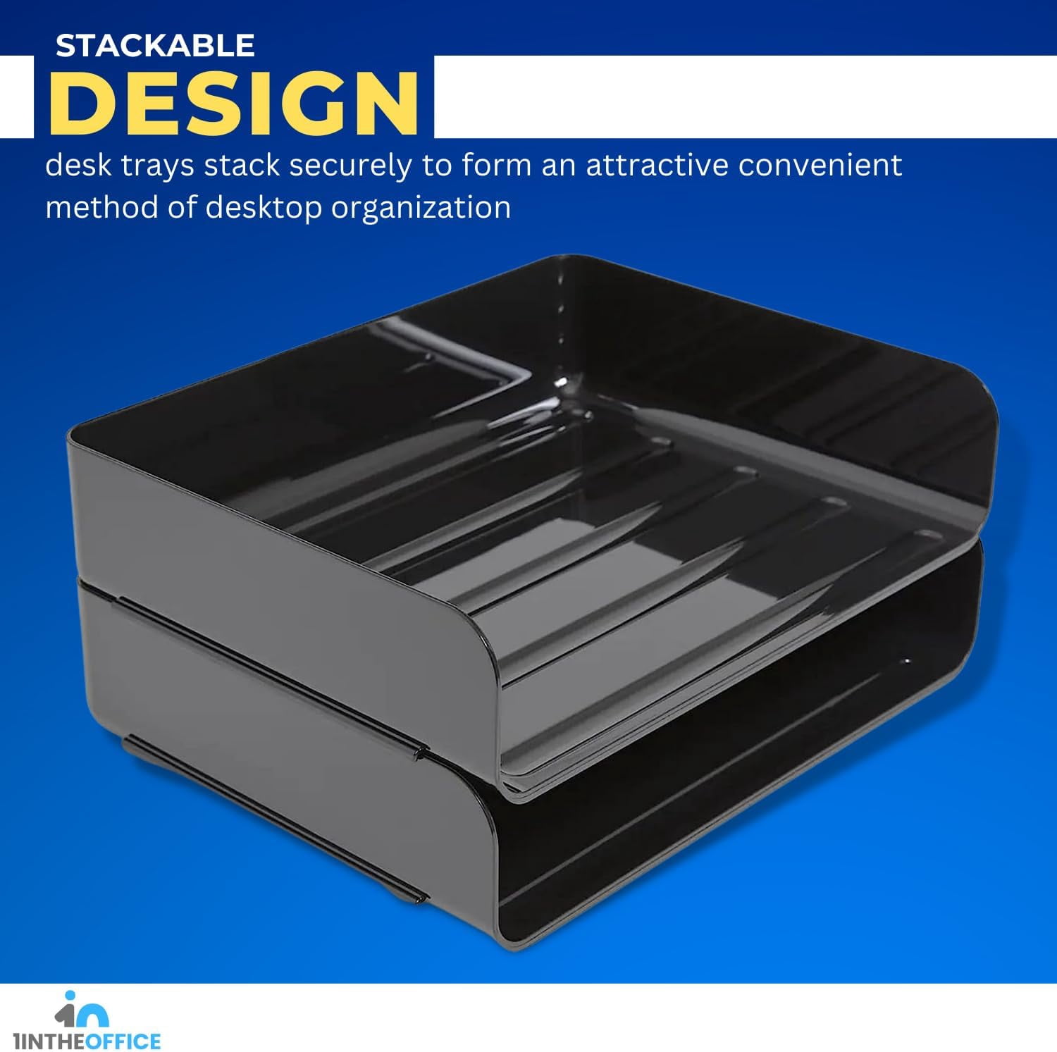 1inTheOffice Stackable Paper Tray, Legal Size Plastic Desk Tray Organizer, Side Load Tray, Black (2 Pack)