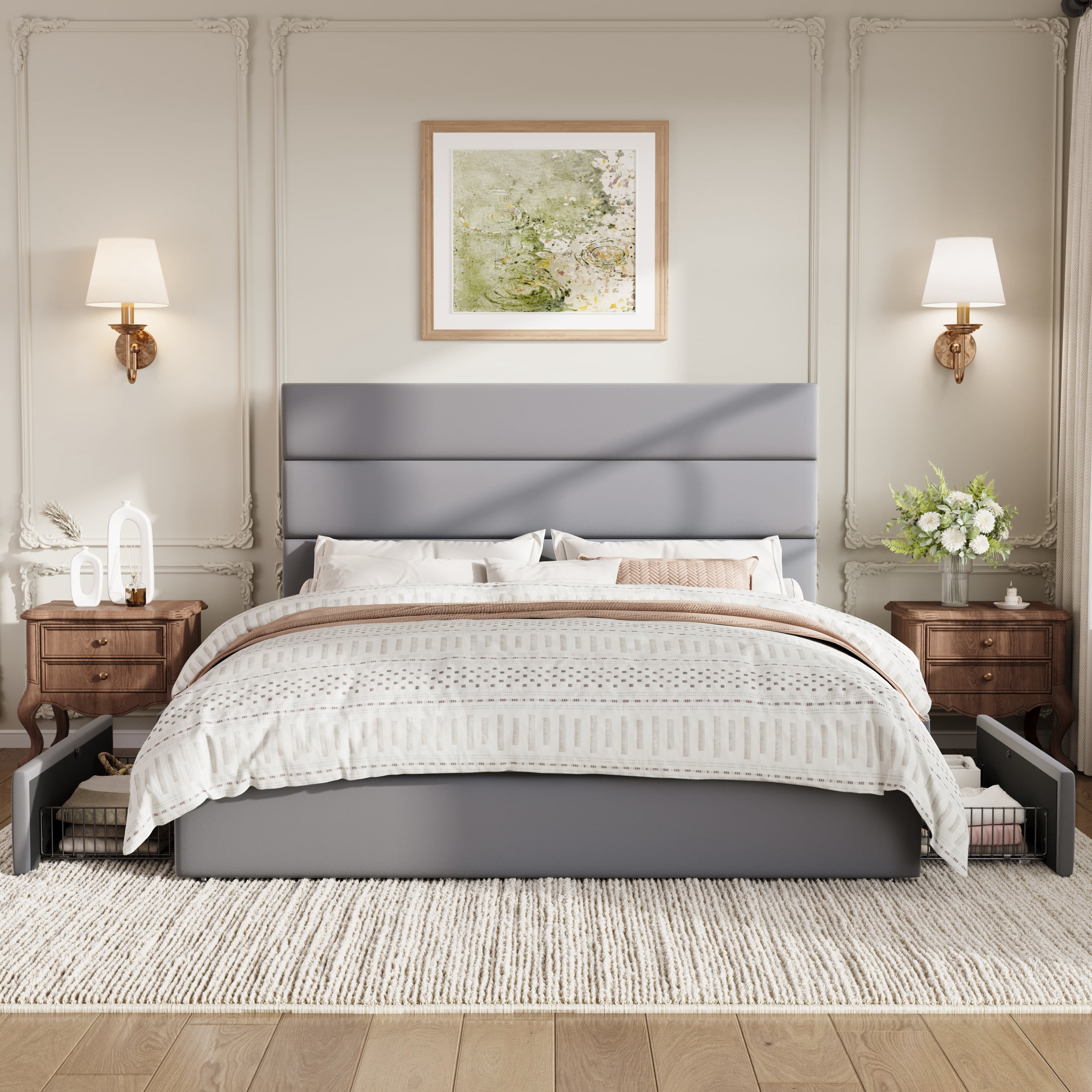 Sha Cerlin Full Size Platform Bed Frame with 4 Storage Drawers, Velvet Upholstered Headboard, Gray
