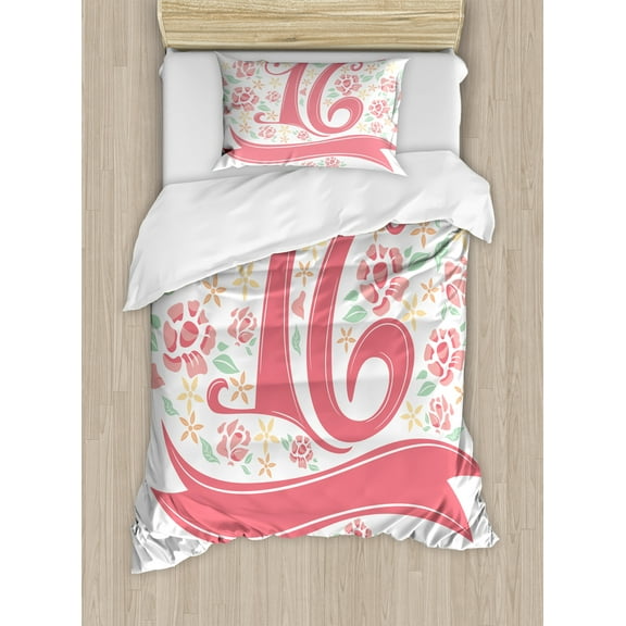 Ambesonne Floral Duvet Cover Set, Floral 16, Twin, Dark Coral Mint