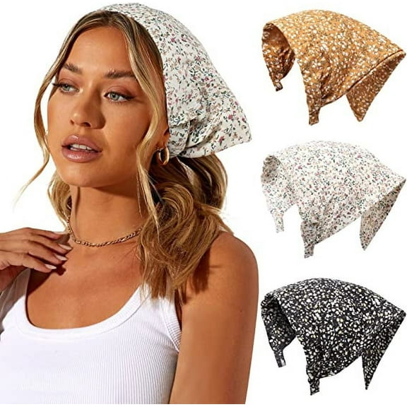 AWAYTR Women Floral Elastic Hair Scarf Headband 3Pcs Chiffon Boho Head Kerchief Vintage Triangle Scarf Hair Bandanas