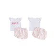 thumbnail image 2 of BemeyourBBs Toddler Baby Girls Summer Clothes Infant Baby Girl 2 Piece Outfits Adorable Donut Embroidery Flying Sleeve T Shirt Tops and Striped Ruffled Shorts Set, 2 of 9