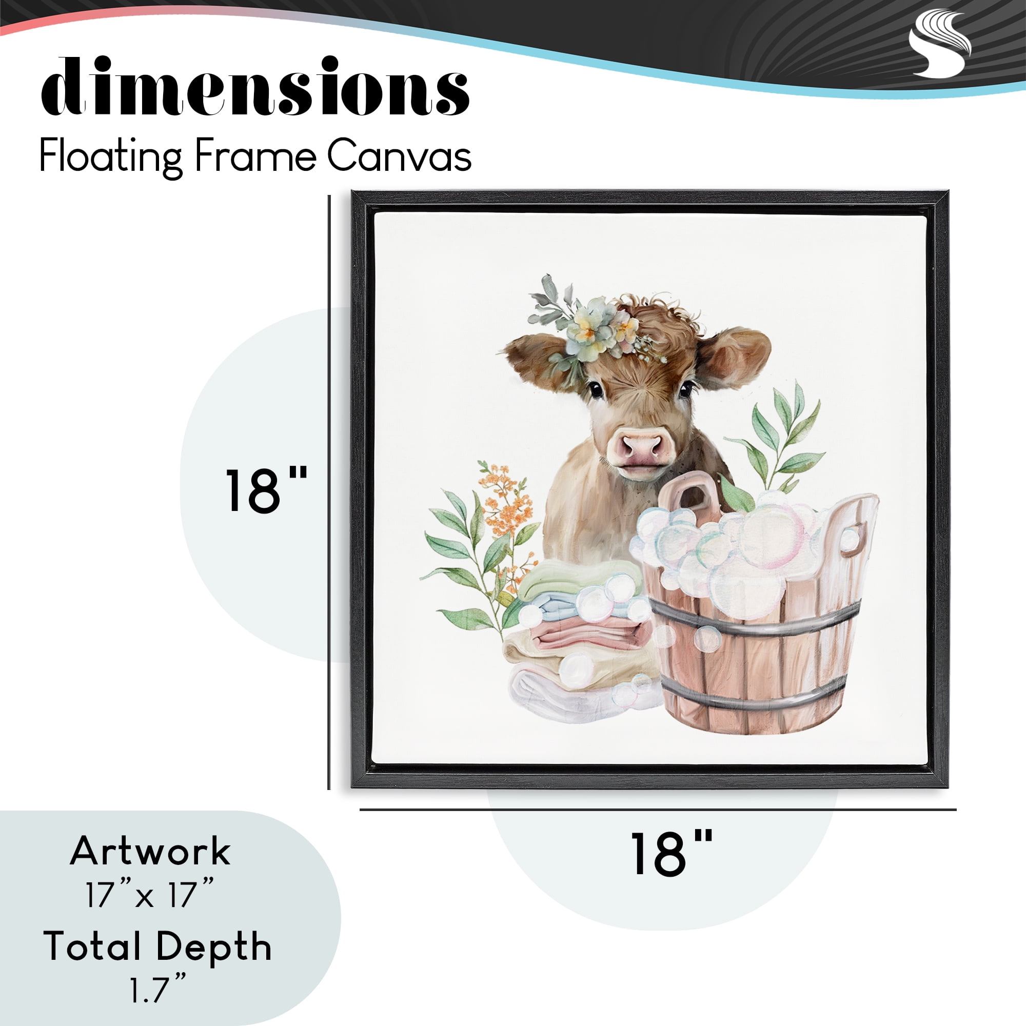 Laundry Day Baby Cow Black Framed Floater Canvas Wall Art, design by Kim Allen