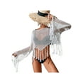 thumbnail image 4 of Women Casual Beachwear Cover-Up, Solid Color Flared Long Sleeve Hollow-Out Tassel Tops, 4 of 8